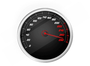 A high-speed digital speedometer with needle near 280 mph.
