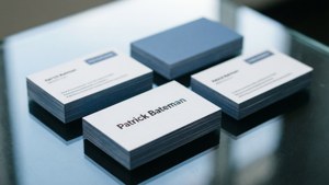 Close-up of business cards, Bateman's card in focus. — American Psycho HD Wallpaper