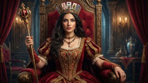 Cana Alberona som en majestætisk dronning på en kortfantasitrone.