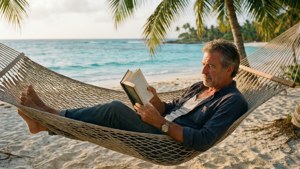 Bourdain slapper af i en hængekøje på en caribisk strand, mens han læser en bog