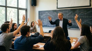 Ruang kelas metode kasus Harvard Business School yang dinamis dengan mahasiswa yang terlibat dan profesor di papan tulis.