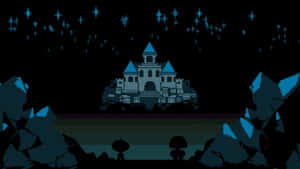 Pixelated castle under stars with silhouetted figures and blue mountains at night — Castle Aesthetic Wallpaper