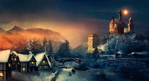 Snowy village with castle on hill under starry night sky — Castle Wallpaper