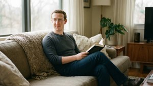 Mark Zuckerberg slapper av på en sofa og leser en bok.