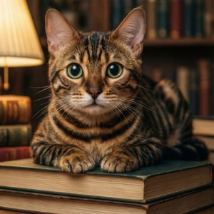A cute cat blook lounging on books in a cozy library setting.