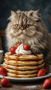A fluffy cat sitting on a stack of pancakes. — Cat Picture