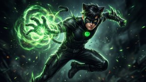 Cat Noir menggunakan cataclysm, kekuatan hijau bercahaya di tangan, momen epik.
