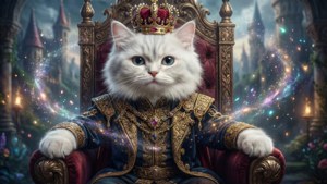 Ein königlicher Catboy-König auf einem Thron mit magischen Funken.