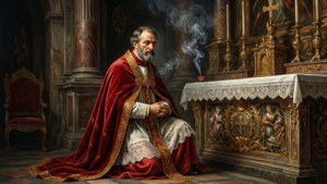 En højtidelig barokscene af Pietro Antonio di Pietri i bøn foran et overdådigt alter.