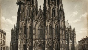Indviklet 1800-tals katedralfacade i sepia toner inspireret af Sigismond Himelys arkitektoniske graveringer.