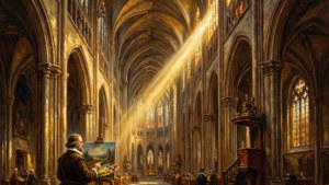 Johannes Bosboom maleri inde i en solbelyst katedral med dramatisk belysning og varme toner.