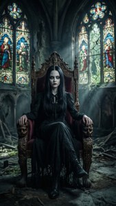 Wednesday Addams på en trone i en forladt katedral, farvet glas og skygger.
