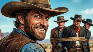 Lucky Luke dengan saudara Dalton yang tertangkap dalam adegan lucu