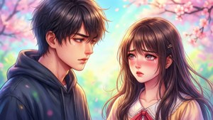 Un fidanzato distratto colto a guardare un'altra ragazza in una scena di commedia romantica anime