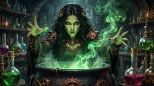 Elphaba brygger en trylledrikk i et steampunk-laboratorium