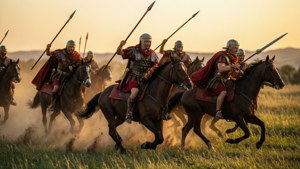Et tordnende romersk kavaleriangrep rykker frem i kamp ved solnedgang
