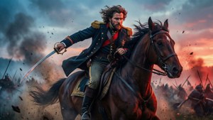 Action-packed horseback charge of Sebastian Mansfeld with saber at dawn