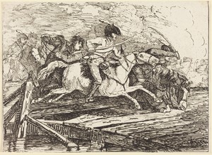 Cavalry Charging by Conrad Gessner, created 1801, in pen-and-tusche lithograph. Download this artwork as a high-resolution wallpaper for desktop, tablet, or mob
