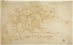 Cavalry Escorting Coach by Hendrik Verschuring, created n.d., in Red chalk on ivory laid paper. Download this artwork as a high-resolution wallpaper for desktop — Illustration Background