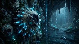 En lysende barnacle i et mørkt hulemiljø