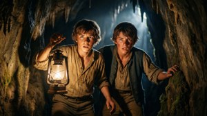Tom Sawyer og Huck Finn utforsker en mørk hule med en lanterne i en dramatisk, fotorealistisk scene.