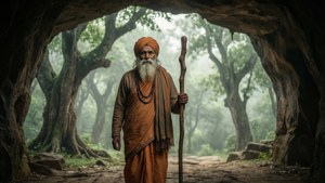 Swami Samarth seisoo luolan suulla sumuisessa aamumetsässä.