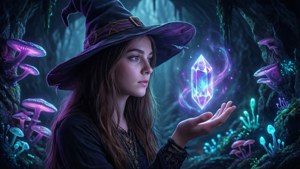 Mørk grottescene med en piges heksehat, der undersøger en glødende krystal, bioluminescerende svampe, fantasy kunst