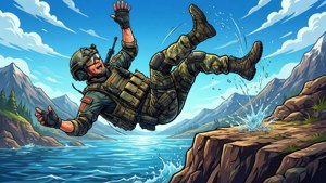 Un operatore fa un salto all'indietro in acqua per festeggiare la vittoria in uno stile vivace da cartone animato.