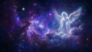 A spiritual memorial wallpaper of a cosmic nebula with a faint angelic form among the stars.