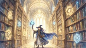 Et storslått bibliotek med flytende runer og en magiker som kaster en fortryllelse.