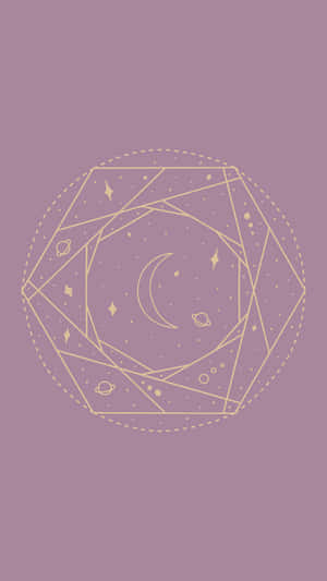 Geometric cosmic design with moon planets and stars in gold on mauve background