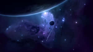 A vibrant cosmic scene with planets and nebulae in deep purple and blue space. — Purple Haze Picture