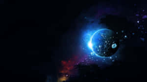Ein blauer Planet mit einem leuchtenden Halbmond-Sonnenstrahl, umgeben von Sternen und farbenfrohen Nebeln. — Hintergrund Wallpaper