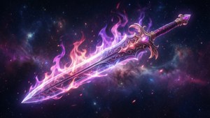 Fondo de pantalla cósmico de fantasía de una espada llameante en el espacio.