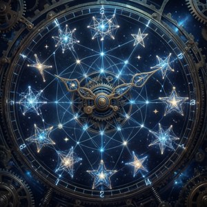 En steampunk-inspirert bakgrunn av et stjernesystem arrangert som en mekanisk klokke.
