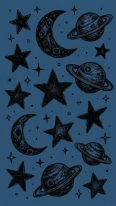 Wallpaper aneh dari coretan langit berwarna hitam dengan latar belakang ruang angkasa biru gelap.