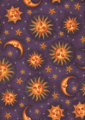 Celestial pattern with smiling suns moons and stars on purple background