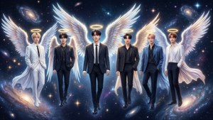 BTS come guardiani angelici in un ambiente cosmico con stelle e galassie