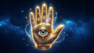 A mystical golden Hamsa hand with an eye against a starry night sky.