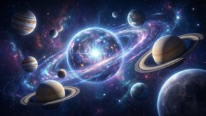 Et kosmisk tapet med planeter, der kredser i fredelig enhed, levende tåger og stjerner