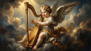 Un angelo barocco che suona un'arpa d'oro in un cielo pieno di nuvole, ispirato ai cherubini di Bigari.