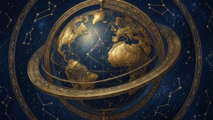 Un globo dorato con intricati anelli su uno sfondo blu notte stellato, che evoca esplorazione e meraviglia.