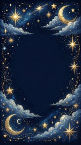 Mistico bordo celeste con stelle e lune in blu profondo e oro.