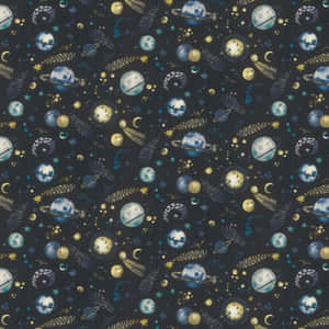 Dark space wallpaper with blue planets rings stars and shooting stars.
