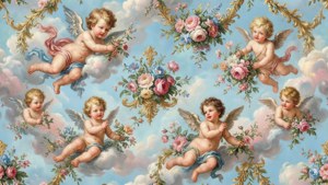 Speelse rococo behang met cherubijnen, wolken en bloemenslingers in zachte kleuren