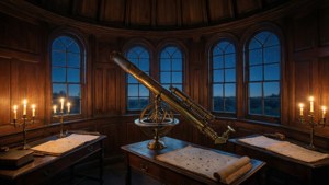 Ein antikes Observatoriumsinterieur gefüllt mit Messinginstrumenten und Sternkarten