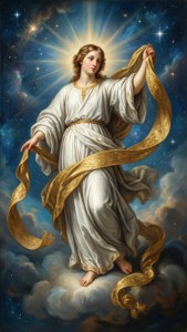 Master with the Banderoles divine figure holding a golden banderole in heaven