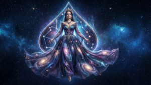 Queen of Spades leijuu avaruudessa galaksimekossa ja patakuvioisessa tähtikuviossa.