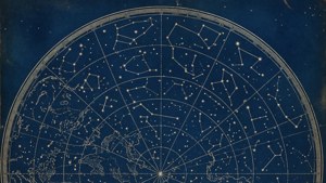 Vintage star chart showing constellations and world map in blue and gold. — Maps Picture