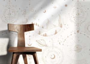 Cadeira de madeira contra um papel de parede com tema cósmico, com montanhas e símbolos celestiais. — Celestial Aesthetic Papéis de Parede